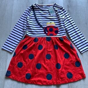 NWT HILEELANG‎ Girl 7-8 Long Sleeve Ladybug Applique Striped Cotton Casual Dress